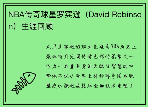 NBA传奇球星罗宾逊（David Robinson）生涯回顾
