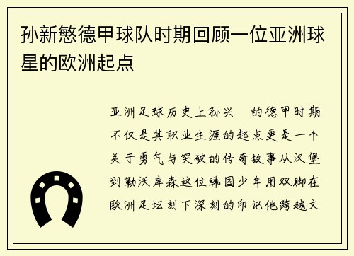 孙新慜德甲球队时期回顾一位亚洲球星的欧洲起点